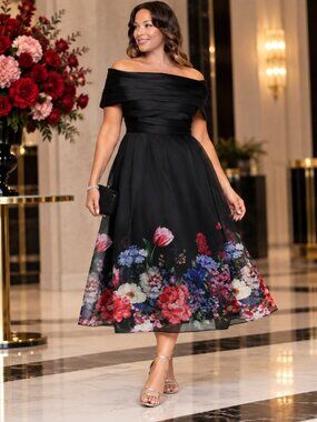 Betsy & Adam Black Red Floral Organza Tabitha Midi Dress 14W NWT Cocktail